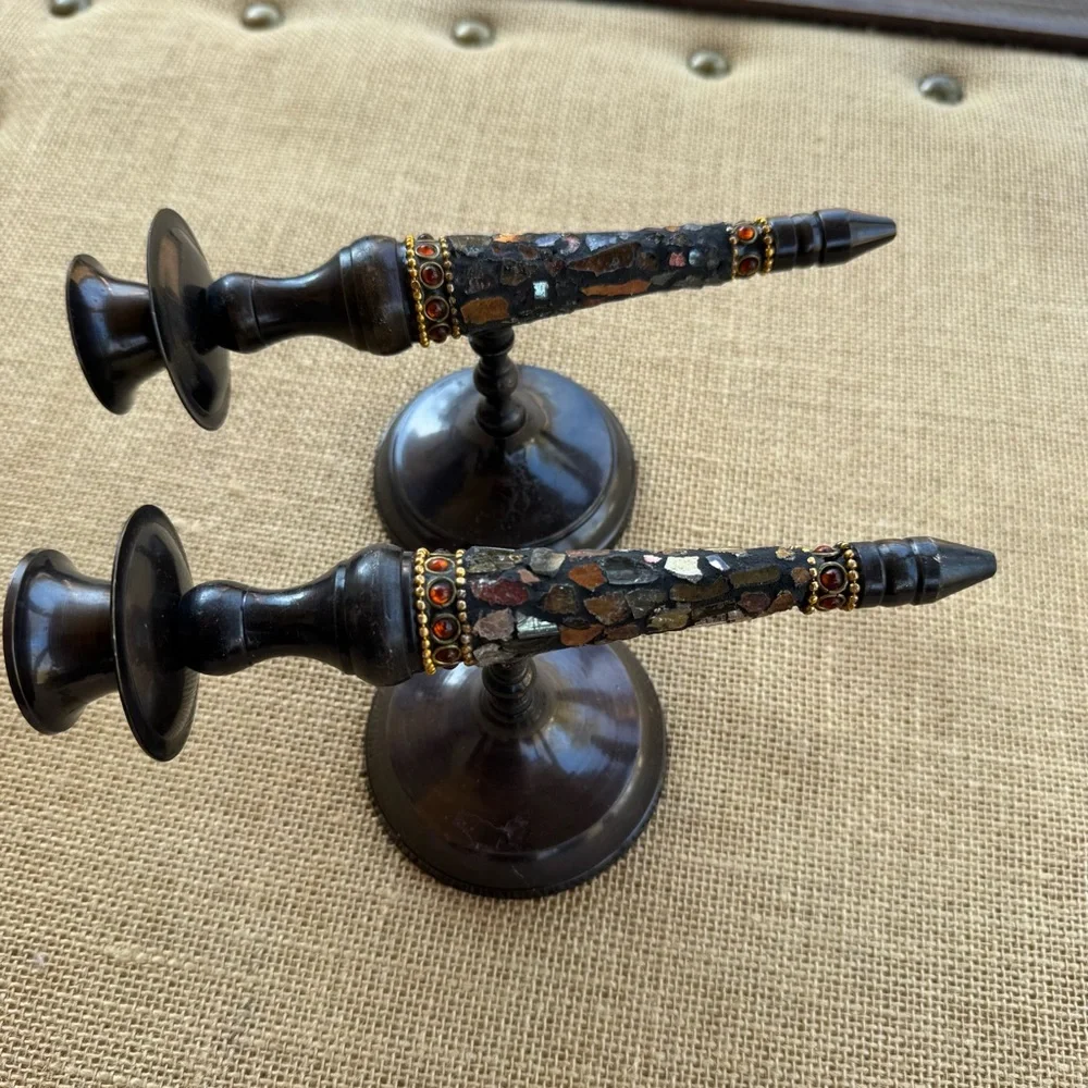 vintage brass wall sconce candle holders with a mosaic inlay